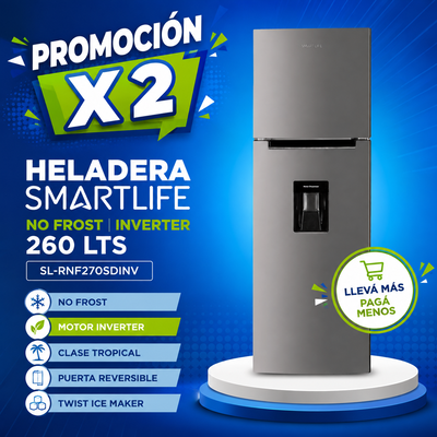 PROMOCIÓN X 2 HELADERA SMARTLIFE NO FROST INVERTER 260 LTS SL-RNF270SDINV