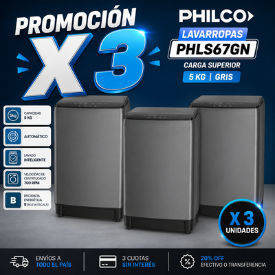 PROMOCIÓN X 3 LAVARROPAS PHILCO C/SUPERIOR PHLS67GN 5 KG GRIS