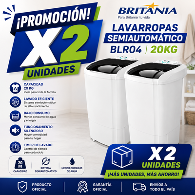PROMOCIÓN X 2 LAVARROPAS SEMIAUTOMÁTICO BRITANIA BLR04 20KG
