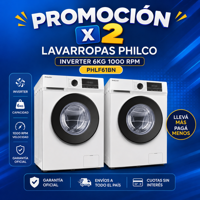 PROMOCIÓN X 2 LAVARROPAS PHILCO INVERTER 6KG 1000 RPM PHLF61BN