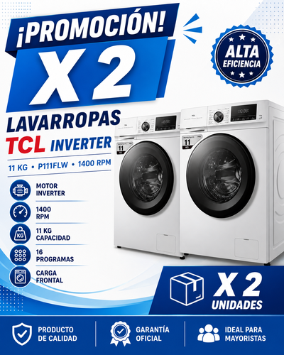 PROMOCIÓN X 2 LAVARROPAS TCL INVERTER 11KG P111FLW 1400 RPM