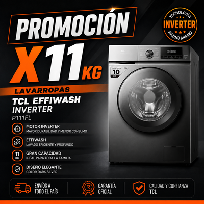 PROMOCIÓN X 2 LAVARROPAS TCL EFFIWASH INVERTER 11KG DARK SILVER P111FL 