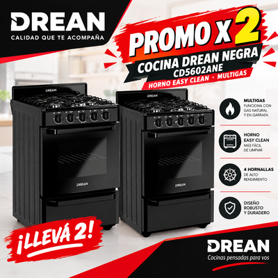 PROMO X 2 COCINA DREAN NEGRA CD5602ANE HORNO EASY CLEAN MULTIGAS