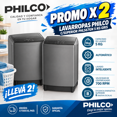 PROMO X 2 LAVARROPAS PHILCO C/SUPERIOR PHLS67GN 5 KG GRIS