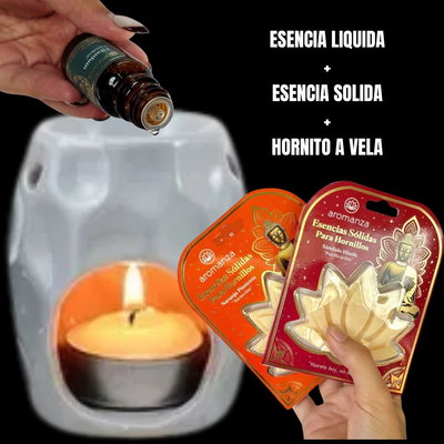 COMBO ESENCIA LIQUIDA + ESENCIA SOLIDA + HORNITO A VELA HEXAGONAL