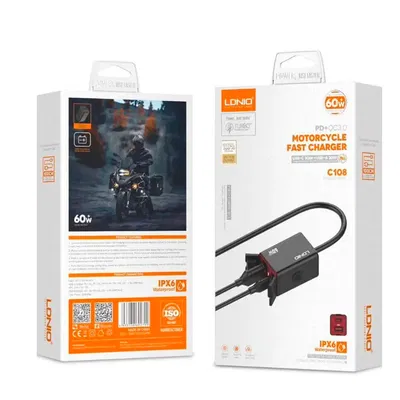 CARGADOR DE MOTO C108 60W USB C + QC3.0 + CABLE USB 30CM IPX6