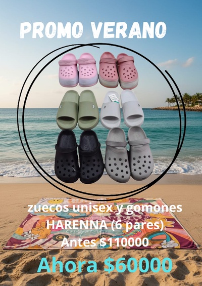 Promo combo zuecos unisex y gomones HARENNA (6 pares)