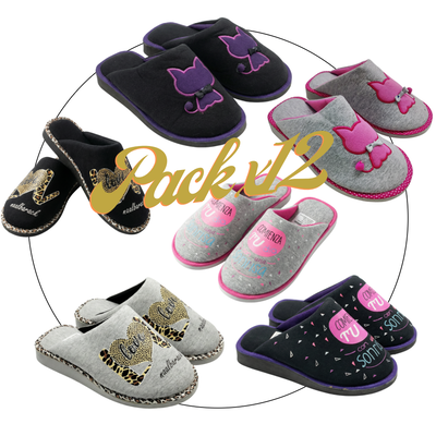 Pack x12 Pantufla dama  jersey bordadas/estampadas punta cerrada 35/40