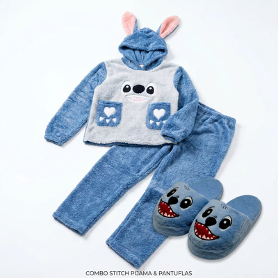 Set pijama STITCH peluche más Pantuflon línea premium (Diseños Exclusivos PC)