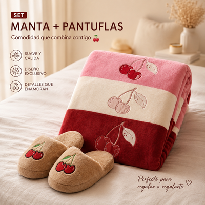 Set Manta Soft Premium + Pantuflas a Juego CEREZAS 🍒 (Diseños Exclusivos PC)
