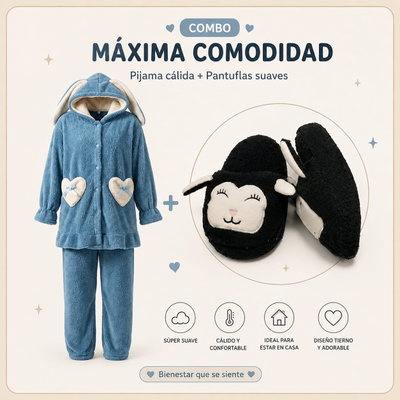Set pijama bata peluche y pantalón más Pantuflón línea premium.