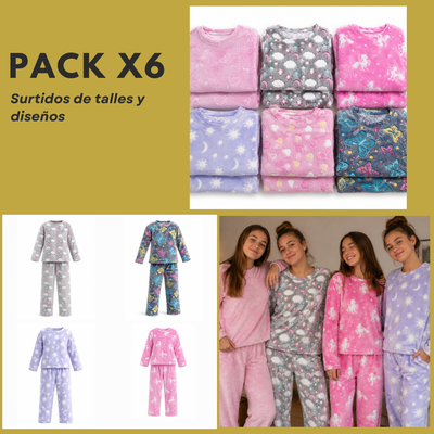 PROMO PACK X6 PIJAMA DAMA PELUCHE ESTAMPADOS/LUMINOSOS