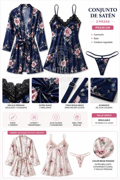 Conjunto Satén FLOREADO Premium 3 Piezas para Dama ✨