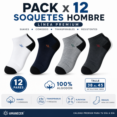 Pack x12 Soquetes Hombre 100% Algodón Premium Amanecer | Talle 38-45