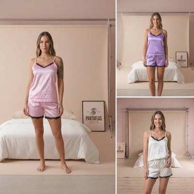 PIJAMA ADULTO CORTO MUSCULOSA SATÉN LISO