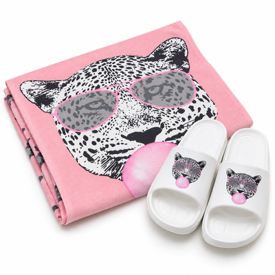 ☀️ Set Playero Toallón + Gomón Plataforma EVA Anatómico Leopardo chicle 