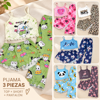 PROMO🔥Pijama dama 3 Piezas Jersey Algodón – Manga Corta, short y Pantalón Largo