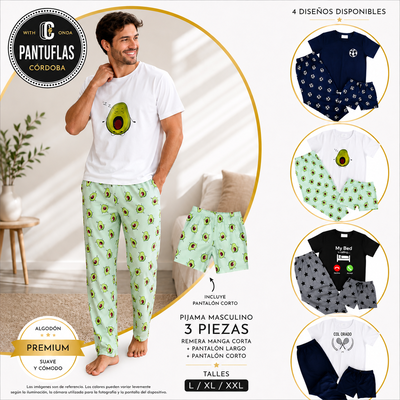 PROMO🔥Pijama Hombre 3 Piezas Jersey Algodón – Manga Corta, short y Pantalón Largo