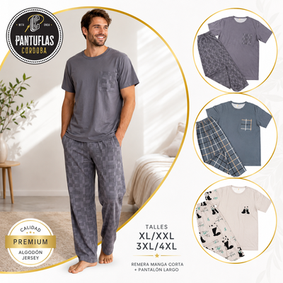 PROMO🔥Pijama Hombre 2 Piezas Jersey Algodón – Manga Corta y Pantalón Largo 