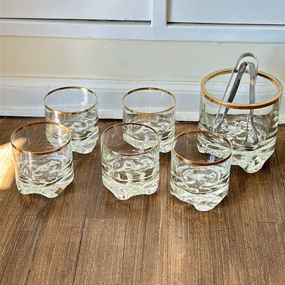 5 vasos de whisky más hielera con borde dorado y pinza (precio total)