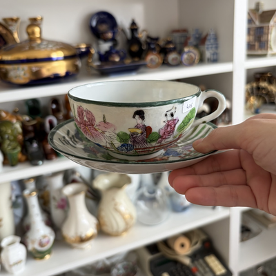 Taza de té japonesa cáscara de huevo pintada a mano con motivos de geisha y paisajes