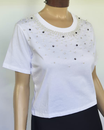 Crop Top Algodón 002 Cuello Perlas y Tachas