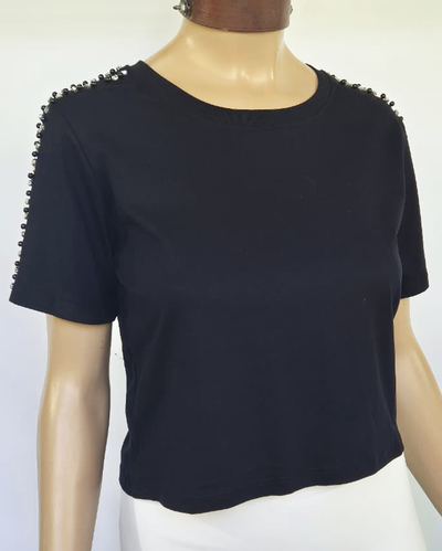 Crop Top Algodón 022 Tiras Strass y Perlas Hombros