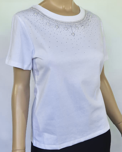 Top Algodón 027 Cuello Strass y Perlas Iridiscentes