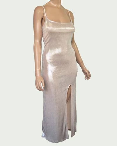 Vestido Largo Foil con Breteles y Tajo