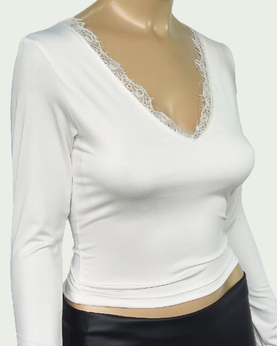 Top Microfibra con Escote V Manga Larga y Encaje