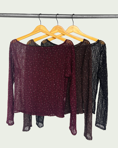 Top Cuello Bote Tejido con Strass Mangas Largas 