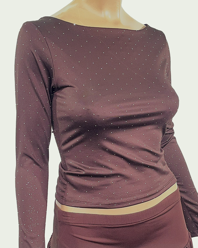 Top Microfibra con Strass con  Cuello Bote y Mangas Largas