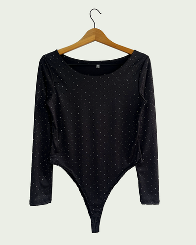 Body Microfibra con Strass con Cuello Redondo y Mangas Largas