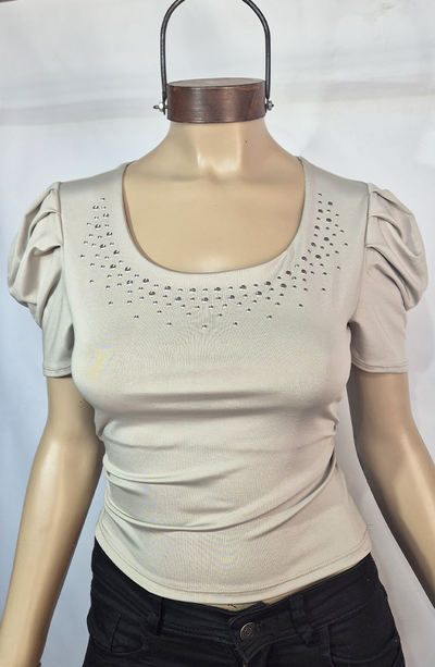 Top Manga Princesa Microfibra con Cuello Redondo y Hotfix