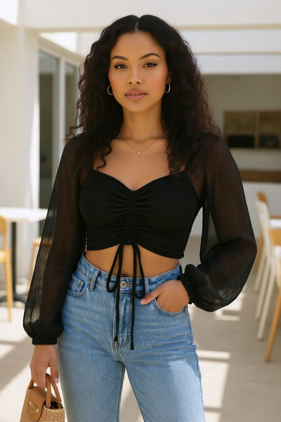 Top Blusa Con Cordon Regulable Manga Semitransparente 
