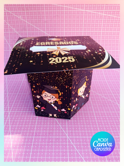 MOLDE CANVA + DISEÑO CAJA "BIRRETE" GORRO DE EGRESADOS