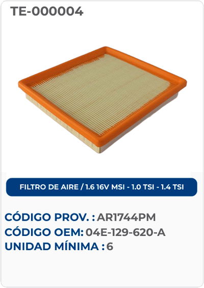 FILTRO DE AIRE / 1.6 16V MSI - 1.0 TSI - 1.4 TSI