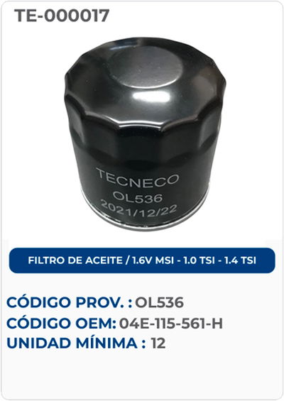 FILTRO DE ACEITE / 16V MSl- 1.O TSl - 1.4 TSI 