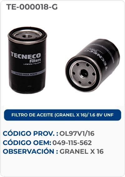 FILTRO DE ACEITE (GRANEL X 16) /1.6 8V UNF