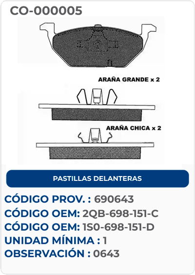 PASTILLAS DELANTERAS 2QB-698-151-C - 1S0-698-151-D