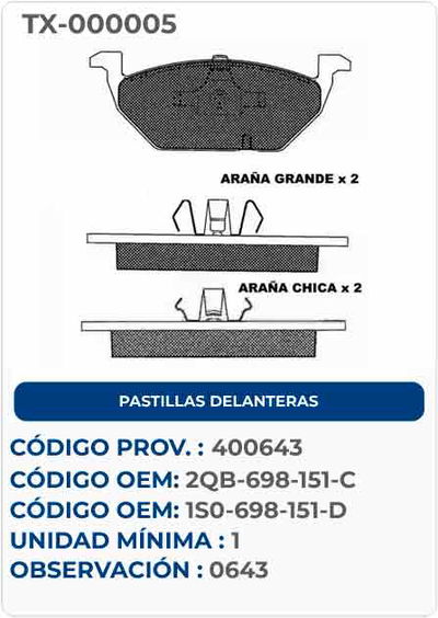 PASTILLAS DELANTERAS 2QB-698-151-C - 1S0-698-151-D
