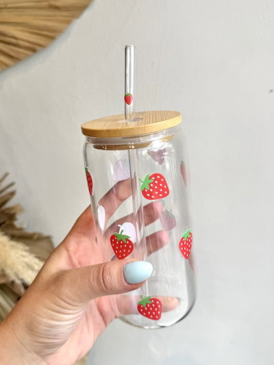 Vaso de vidrio con sorbete y tapa (variedad)