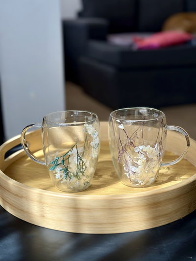 Taza doble vidrio flores
