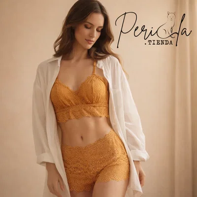 Conjunto Bralette Encaje Mostaza 