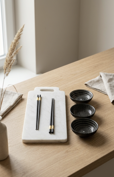 Set sushi para 2. Tabla mármol y 3 pocillos