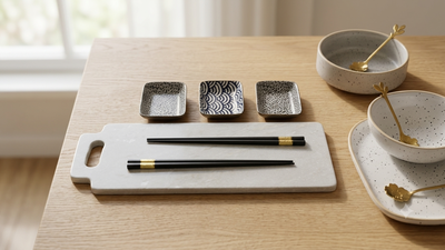 Set Suhi Blue para 2.Tabla mármol y 3 pocillos