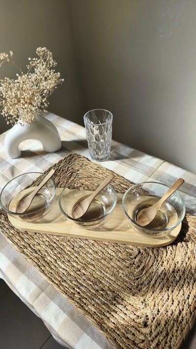 Set de bowls x3 vidrio y bambú