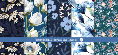 Papeles Digitales - Cápsula Blue Floral 01 - Archivo digital imprimible