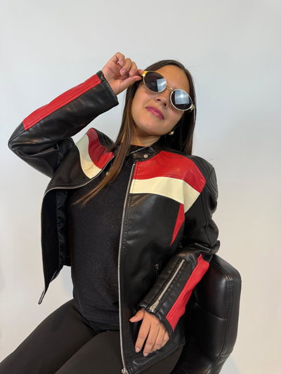 Campera eco cuero combinada -Rojo/Negro-