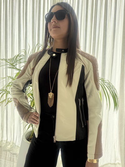 Campera eco cuero combinada -Beige-